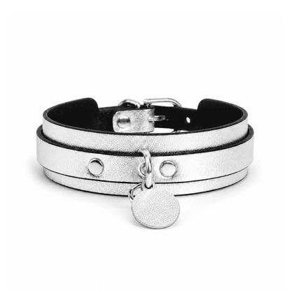 Collar de cuero grabado en plata BDSM con correa