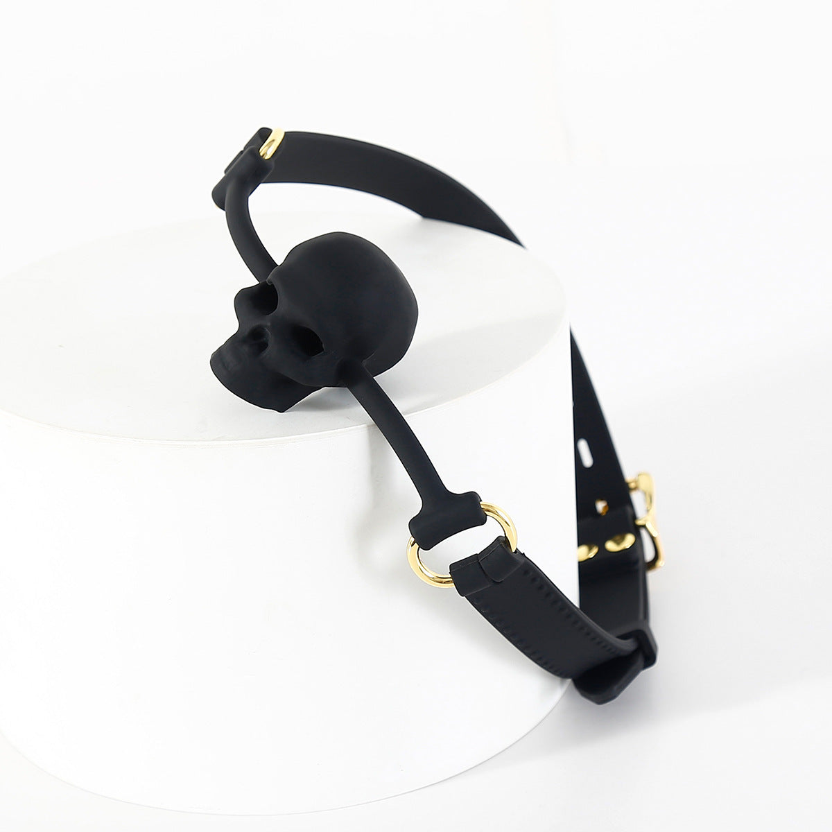 Detailed view of the skull silicone ball gag construction and vented mouthpiece design