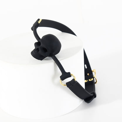 Detailed view of the skull silicone ball gag construction and vented mouthpiece design