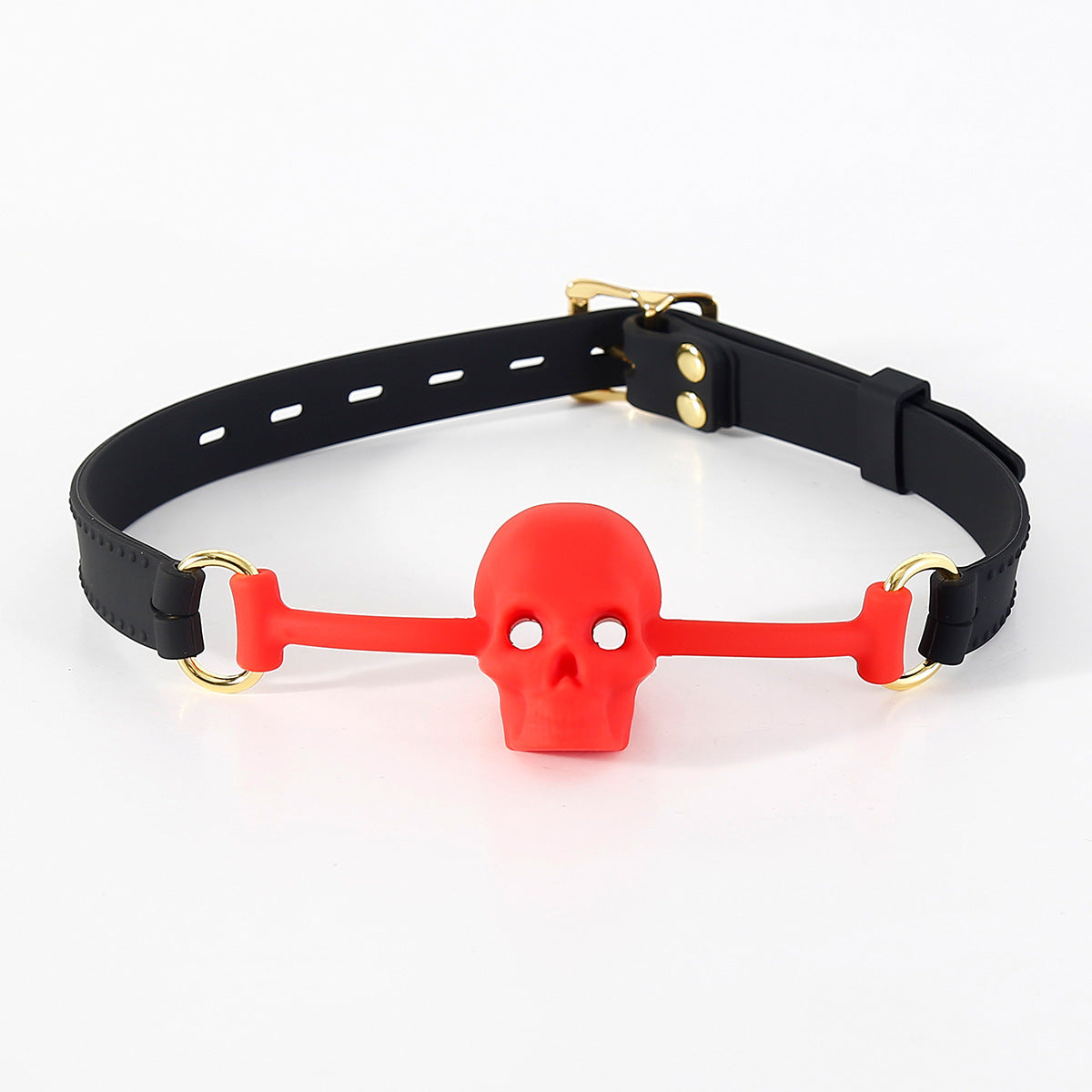 Red silicone BDSM ball gag with vented skull mouthpiece displayed on a clean white background