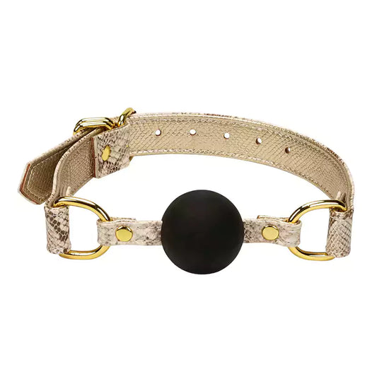 Handmade snakeskin embossed genuine leather ball gag displayed on a clean white background
