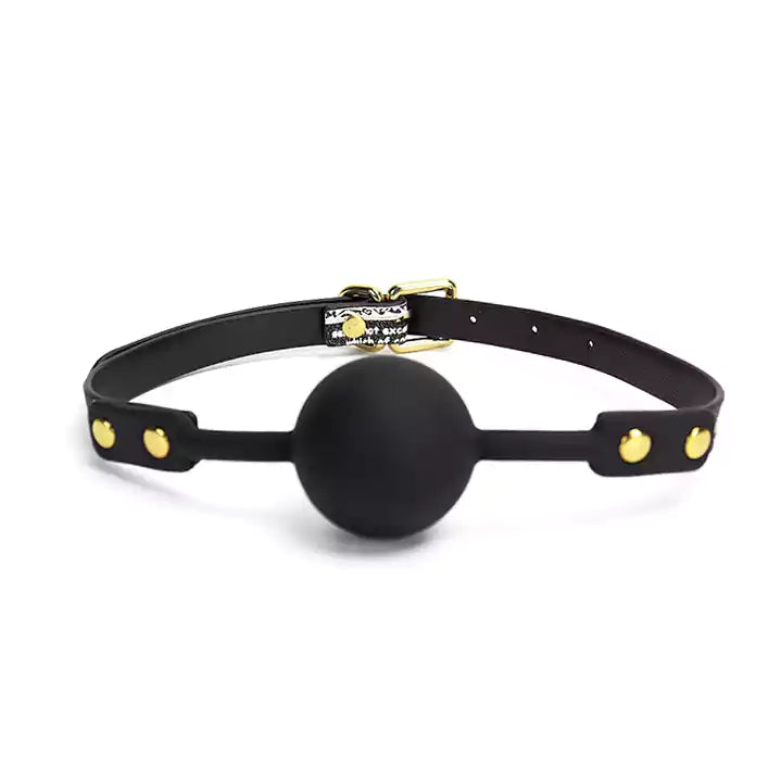Black soft silicone ball gag with 1.57-inch ball and letter print shown in a product view