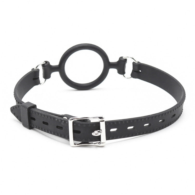 Rear view of the soft silicone open mouth ring gag showing its back construction