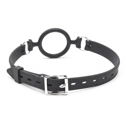 Rear view of the soft silicone open mouth ring gag showing its back construction