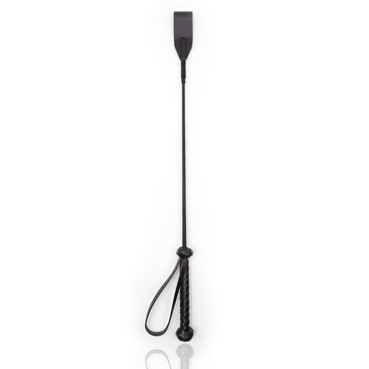 Front view of the stitched-tip riding crop with braided black handle