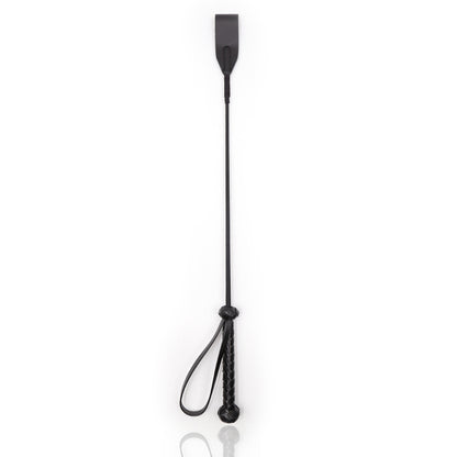 Front view of the stitched-tip riding crop with braided black handle