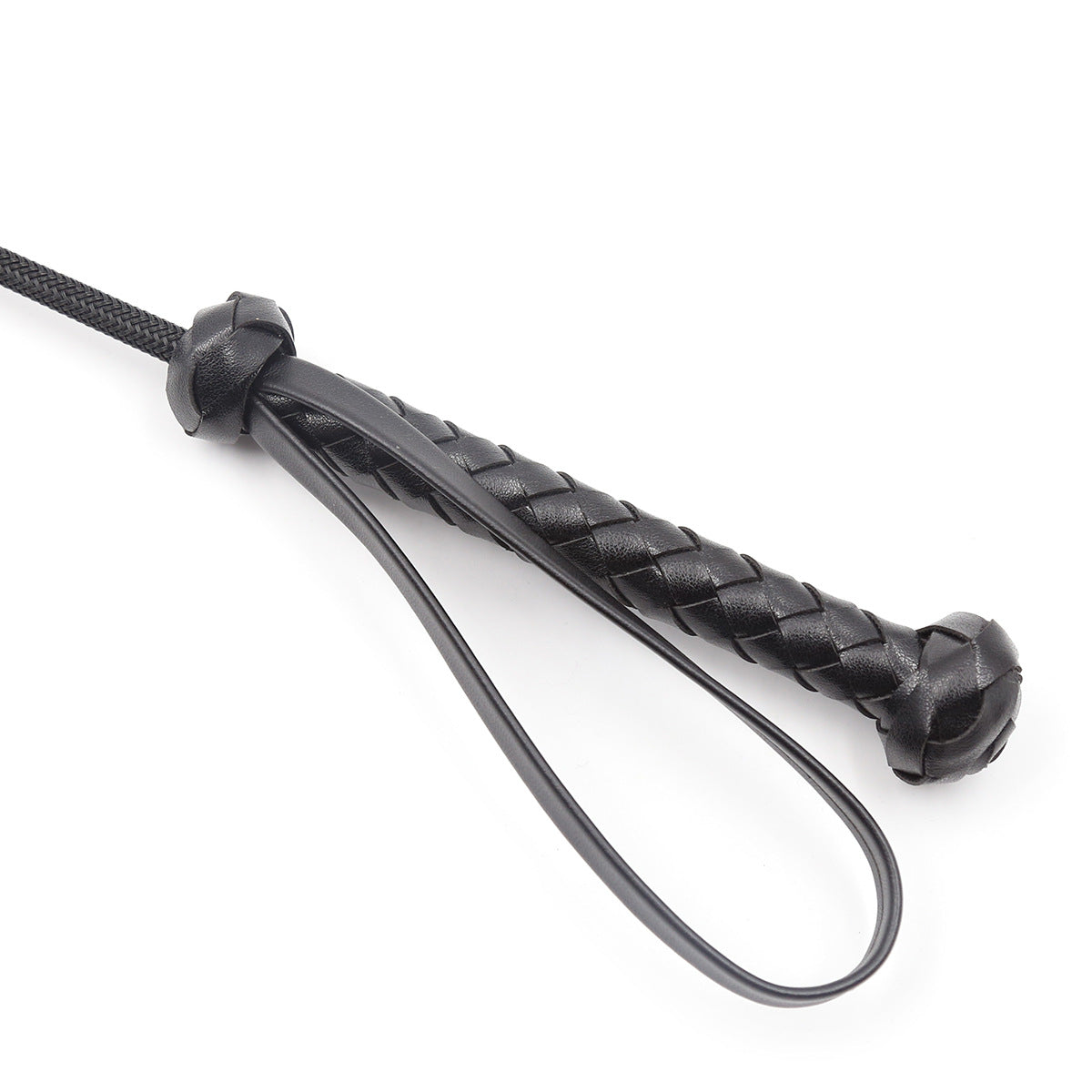 Close-up detail of the braided black handle on the stitched-tip riding crop