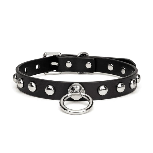 Studded Leather BDSM Collar with Leash — Slim Black Studded Control Set