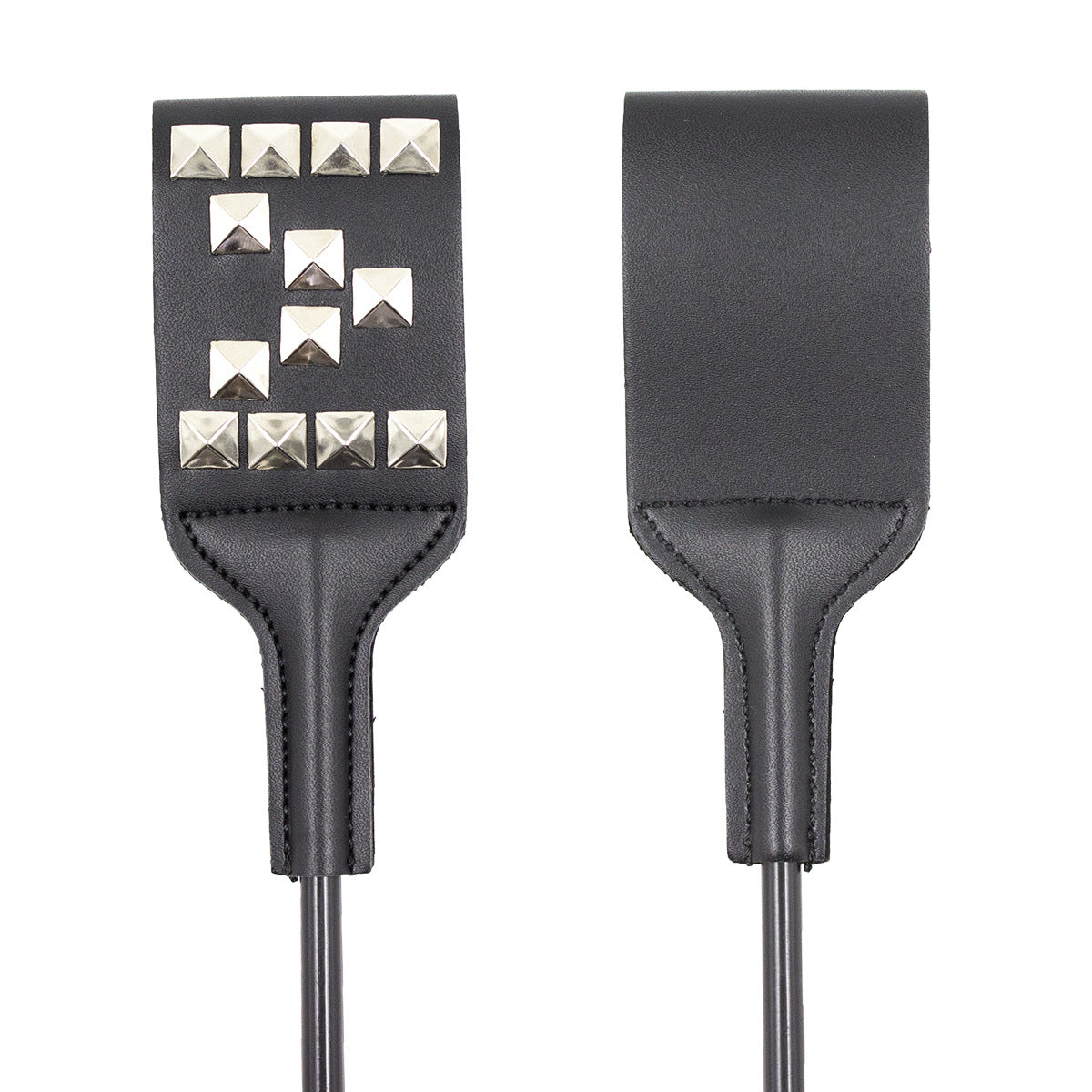 Front and back face detail of studded riding crop showing pattern comparison