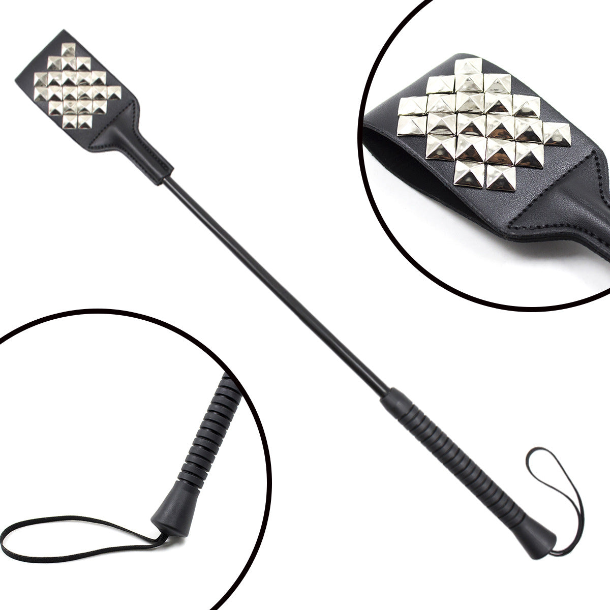 Full stud pattern version of rubber handle riding crop full view