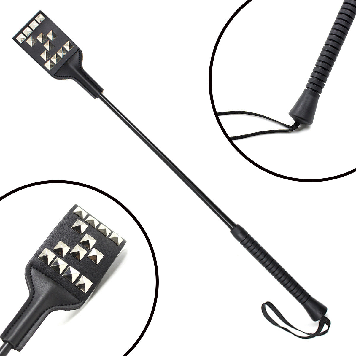 Close-up of letter M stud pattern on studded faux leather riding crop