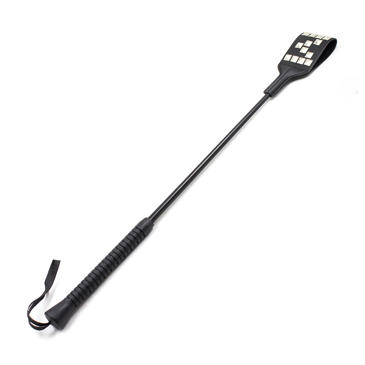 Studded riding crop with rubber handle full view showing faux leather face