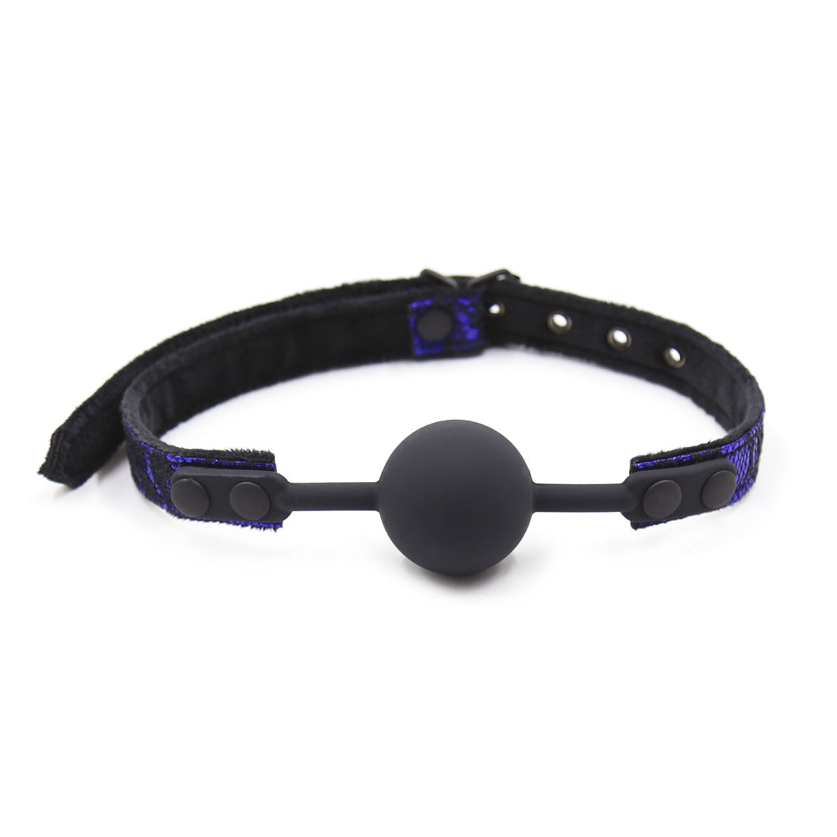 Blue suede-lined silicone ball gag with plush suede inner strap displayed on a clean white background