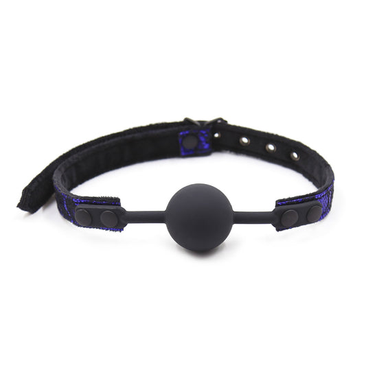 Blue suede-lined silicone ball gag with plush suede inner strap displayed on a clean white background
