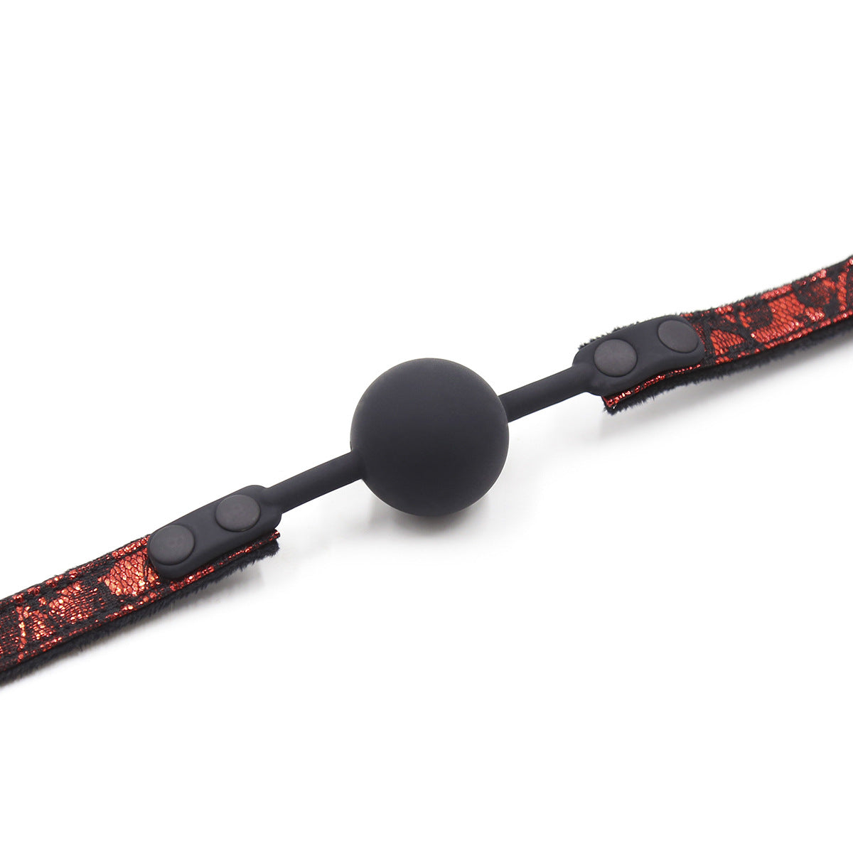 Additional close-up of the suede-lined silicone ball gag construction and strap design
