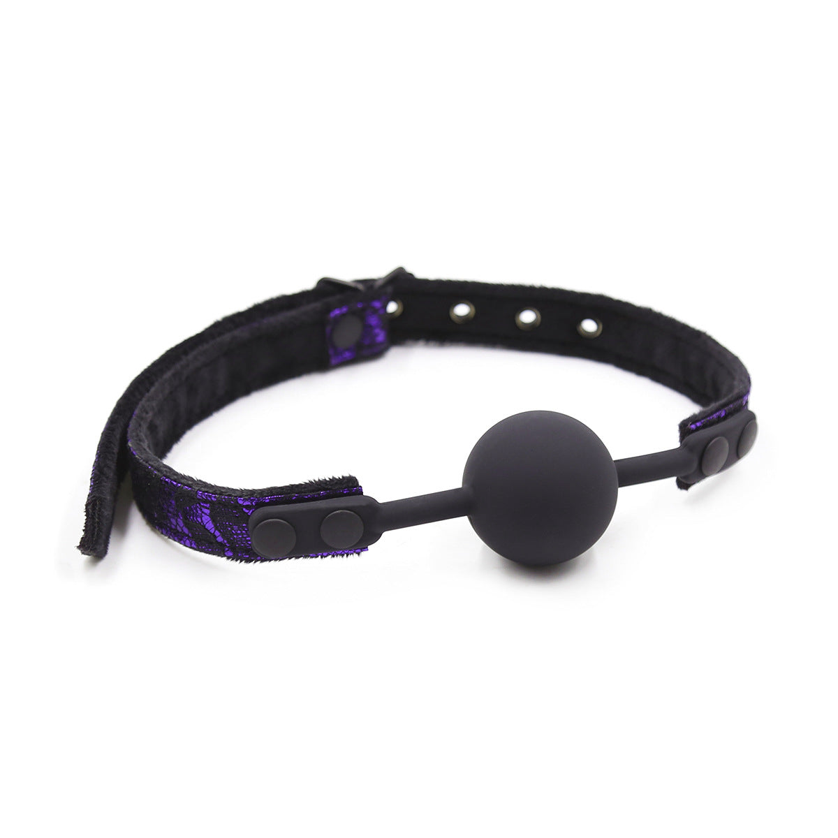 Purple suede-lined silicone ball gag with plush suede inner strap displayed on a clean white background