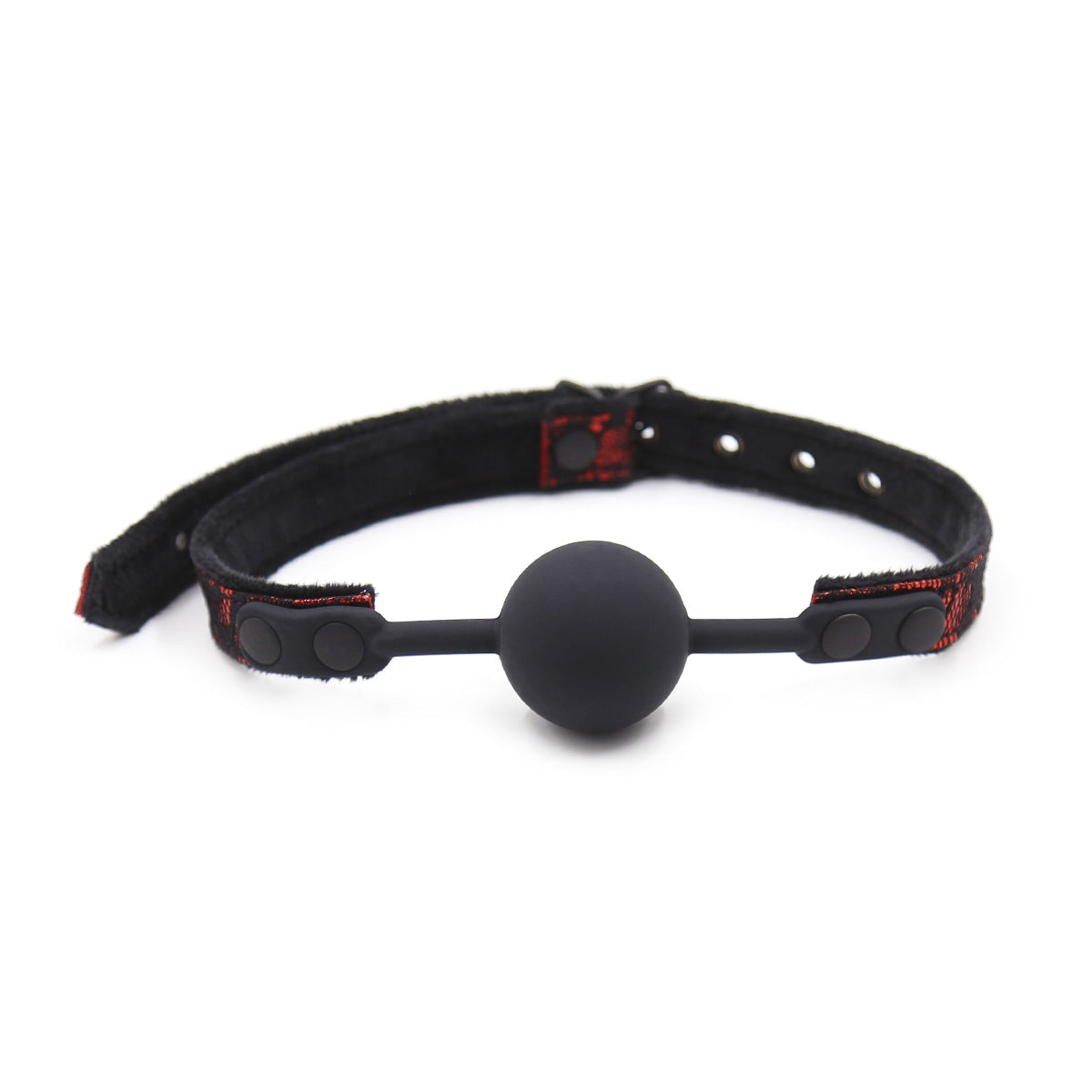 Red suede-lined silicone ball gag with plush suede inner strap displayed on a clean white background