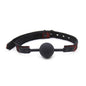 Red suede-lined silicone ball gag with plush suede inner strap displayed on a clean white background