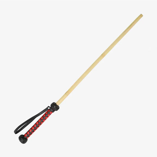 Thick bamboo discipline cane full view with black red braided handle