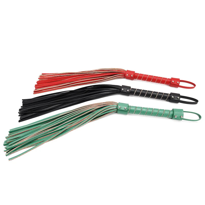 red black and green multicolor floggers displayed together for visual comparison