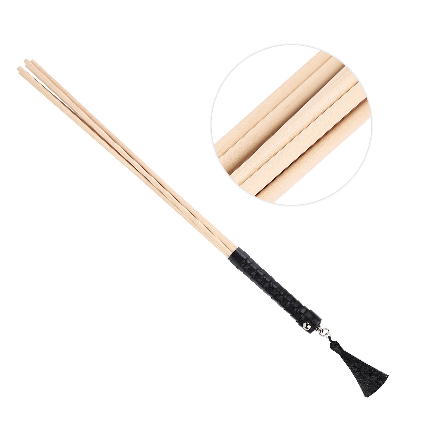 Close-up of 7-rod rattan bundle on traditional multi-rod BDSM cane