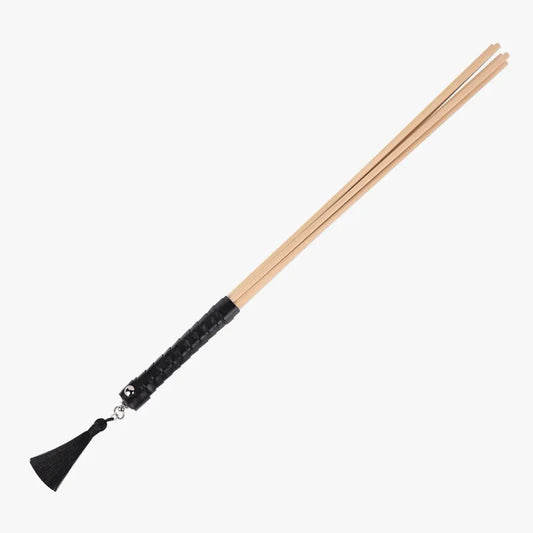 Traditional 7-rod rattan BDSM cane with leather handle full view
