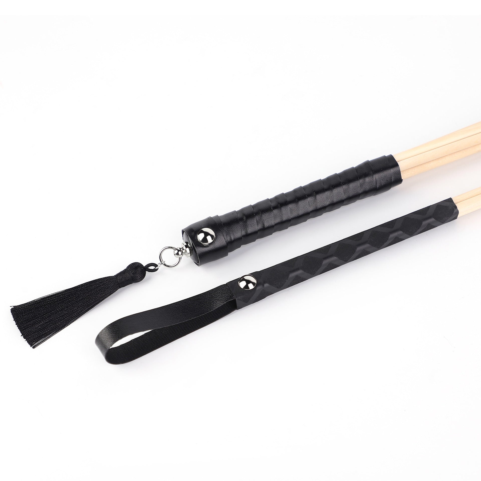 Close-up of leather-wrapped handle on traditional multi-rod rattan cane