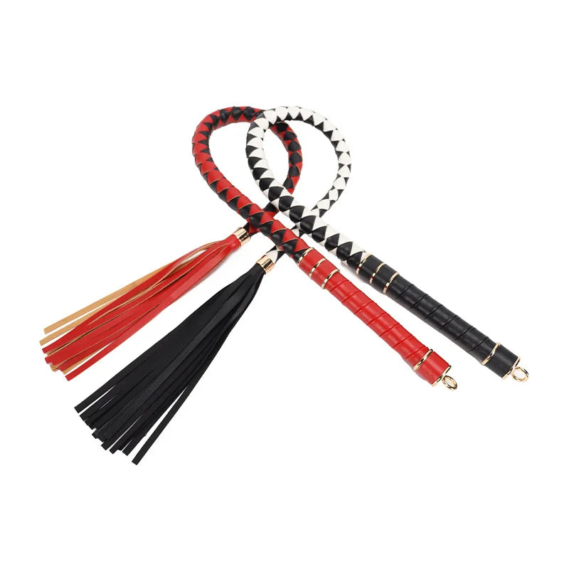 Luxury two-tone braided BDSM whip full view showing both color styles