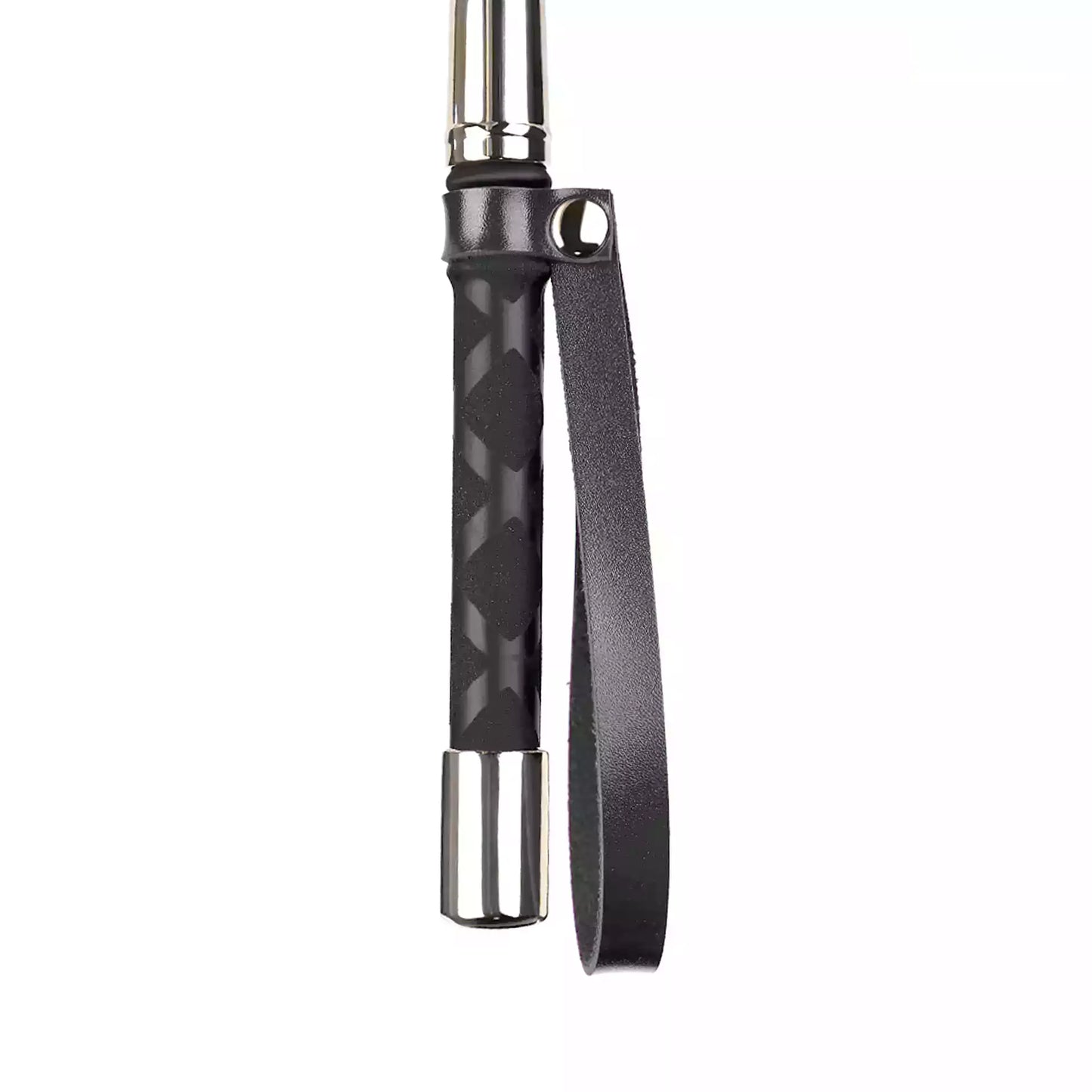 Close-up of metal accent handle on vintage black long-handle riding crop