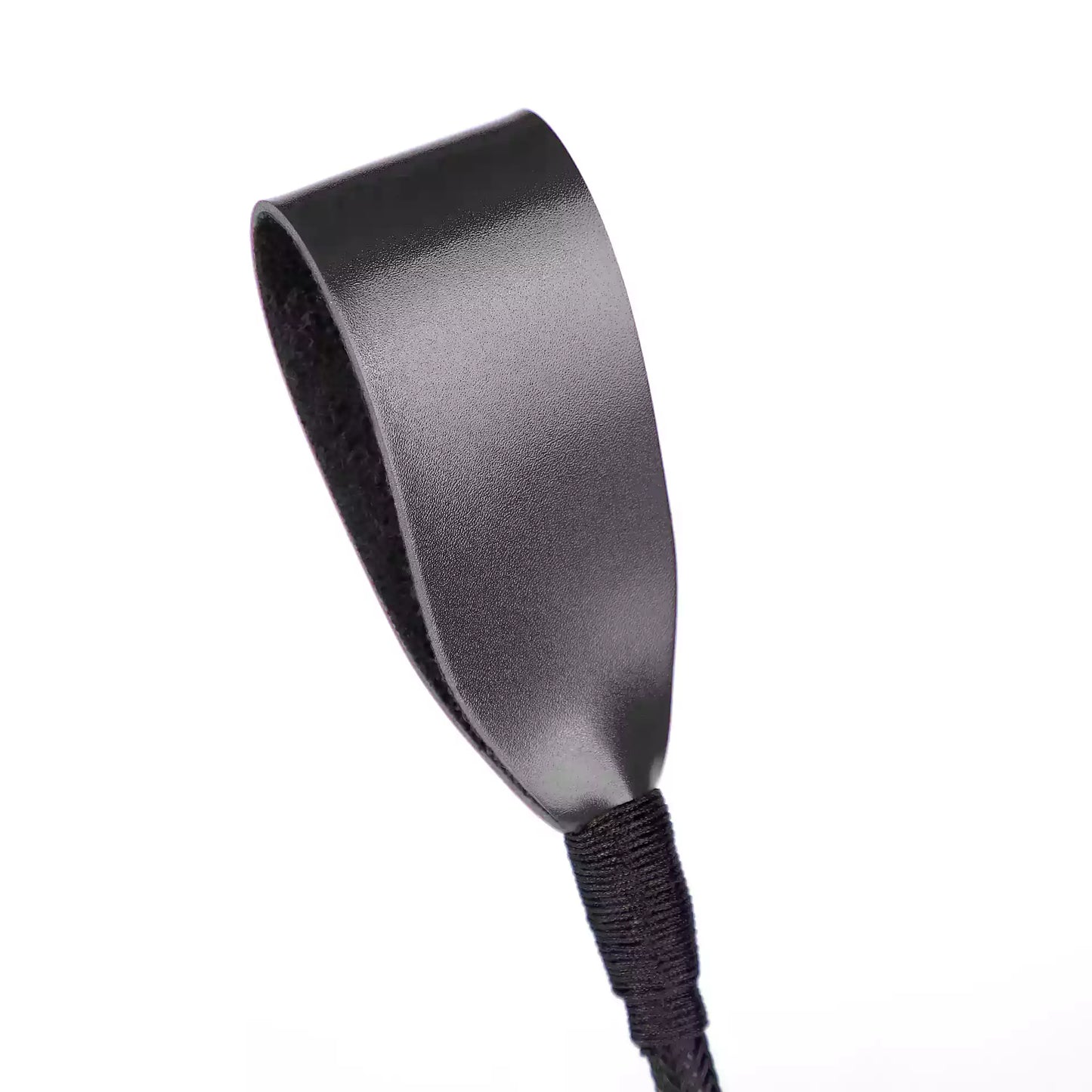 Second angle close-up of black vintage riding crop woven head