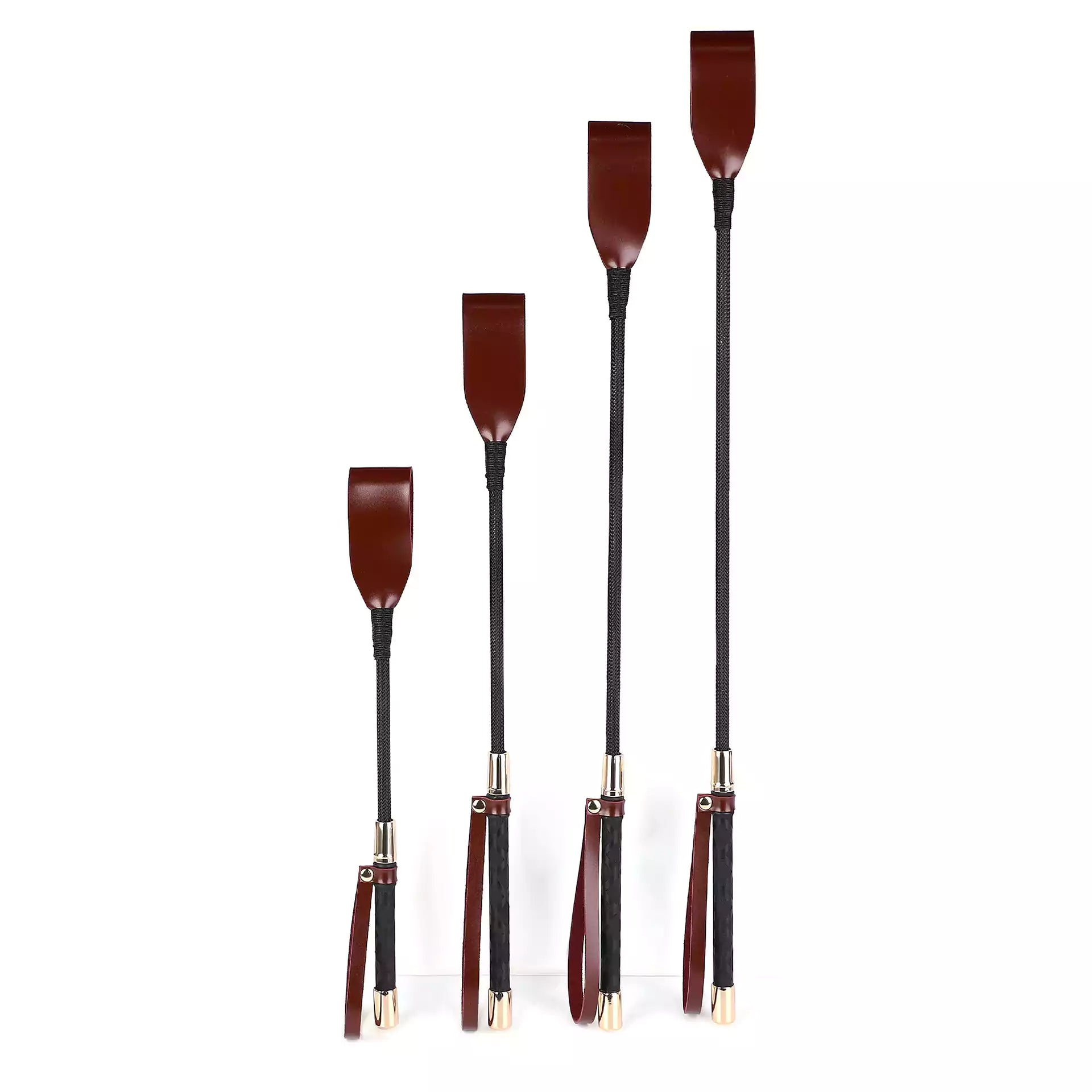 Vintage burgundy riding crop in all four lengths comparison