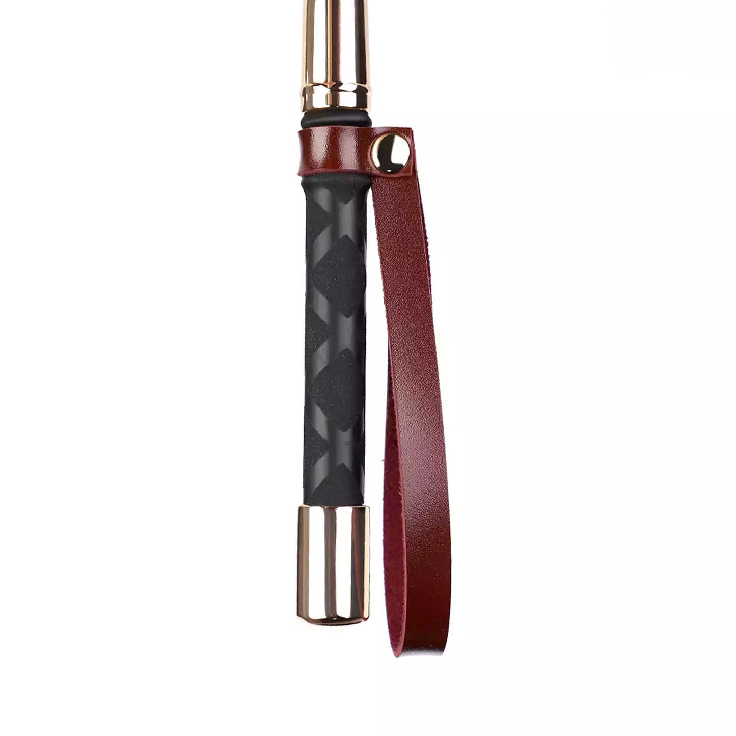 Close-up of metal accent handle on vintage burgundy long-handle riding crop