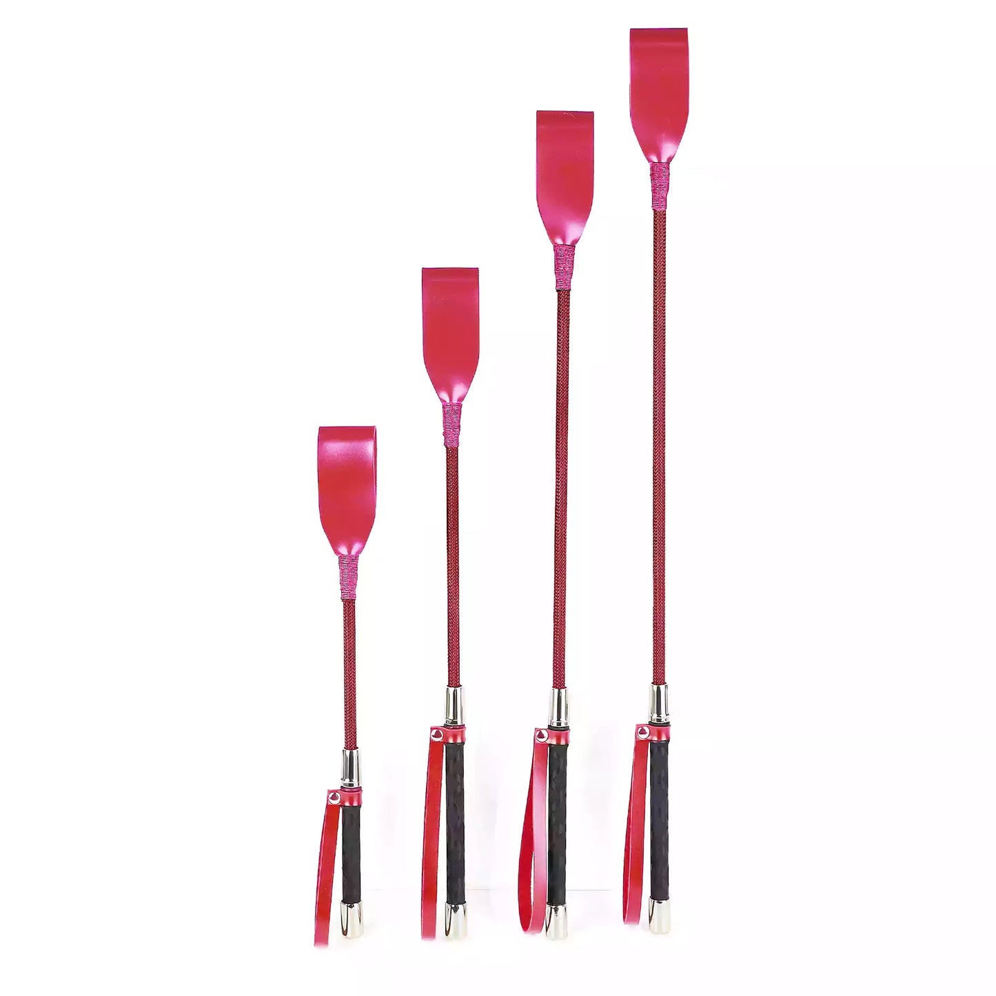 Vintage pink riding crop in all four lengths together comparison