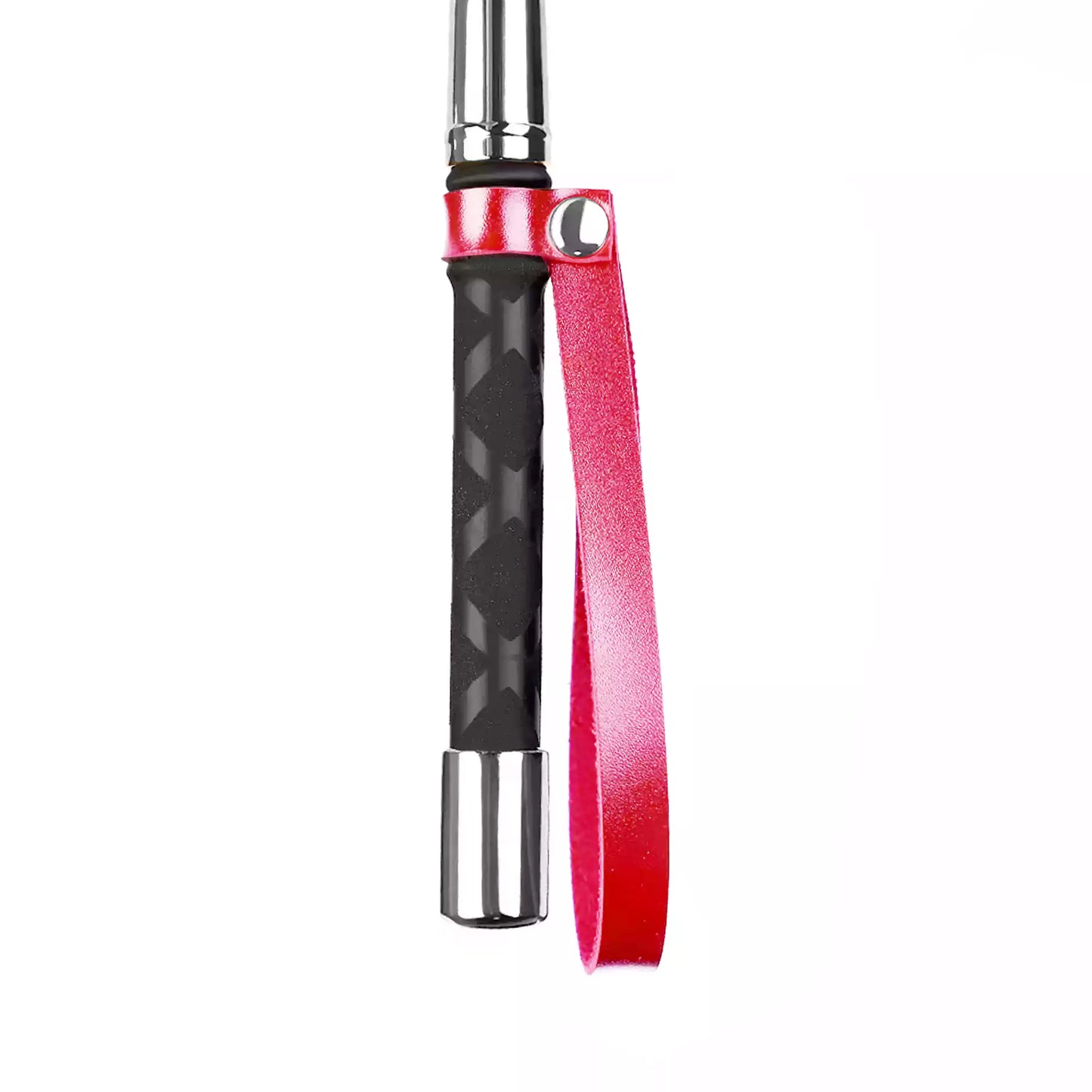 Close-up of metal accent handle on vintage pink long-handle riding crop