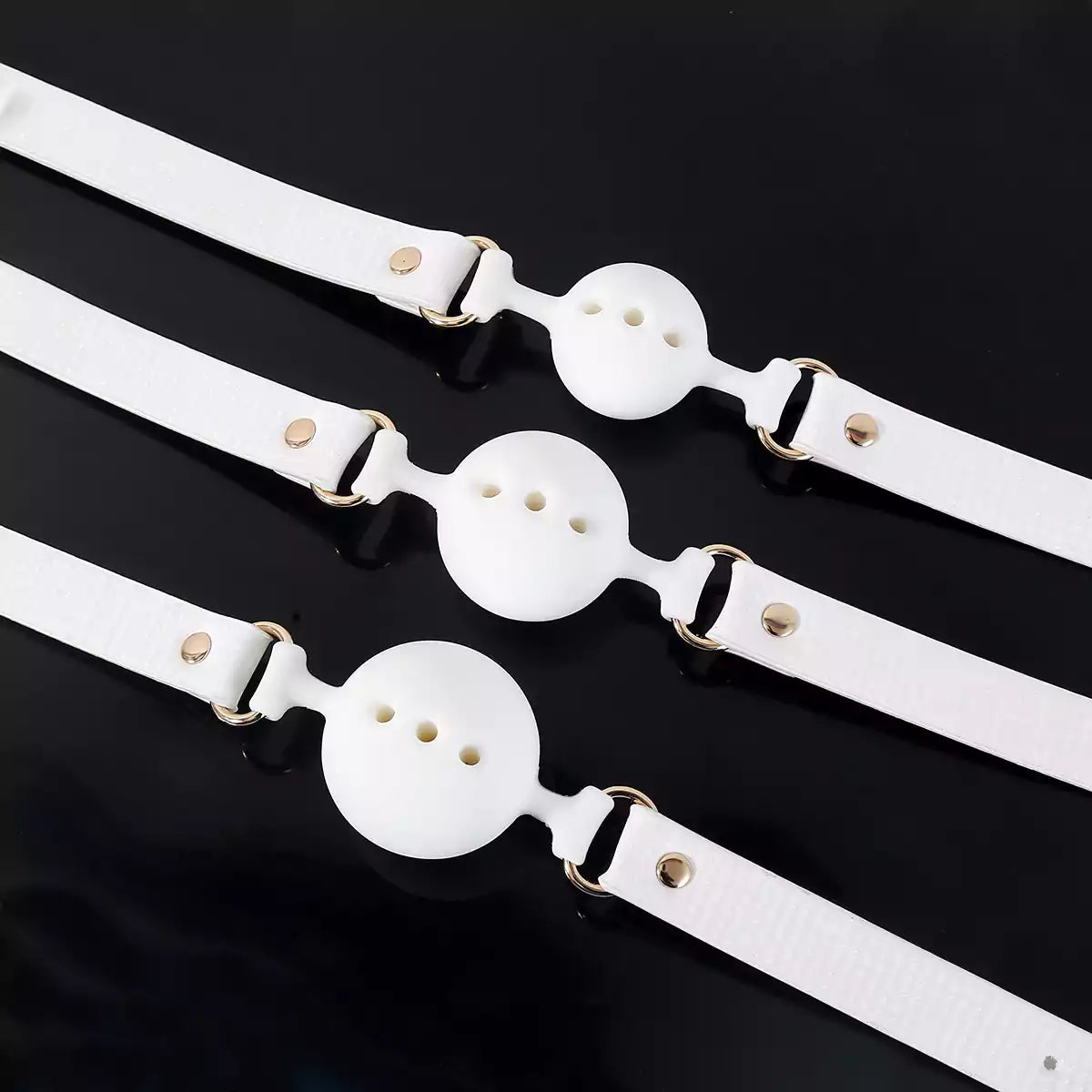 Full-size view of the white breathable ball gag showing its overall design