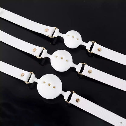 Full-size view of the white breathable ball gag showing its overall design