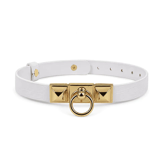 White Crocodile Leather BDSM Collar Set — Gold Hardware Leash and Cuffs