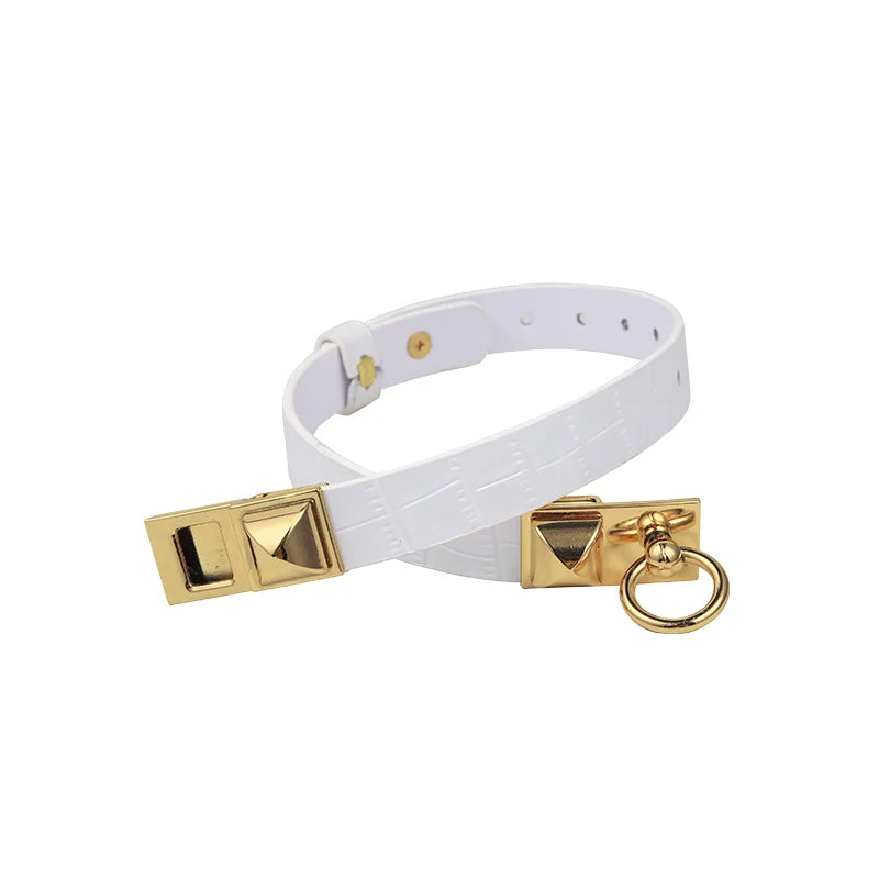 Close-up of the white collar’s crocodile-pattern finish and gold-tone hardware