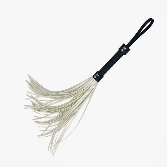 White multicolor BDSM spanking flogger with black handle full view