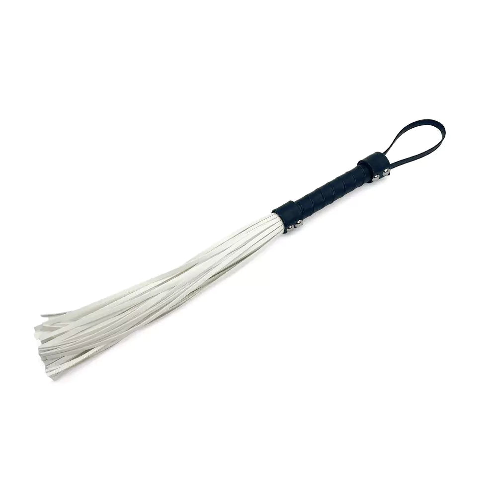 White PU leather flogger front full view with black handle