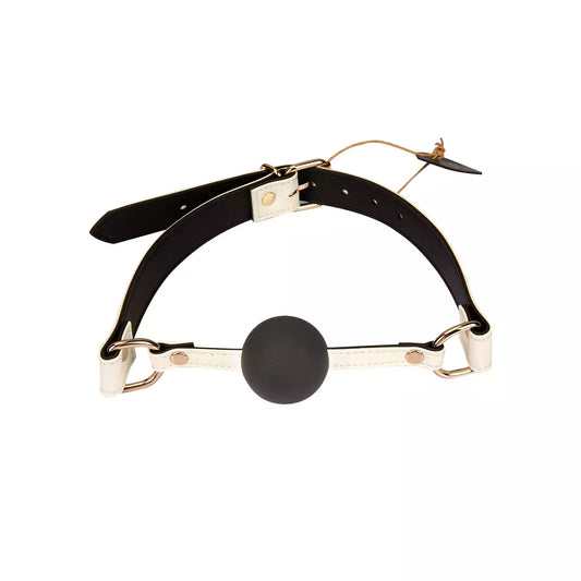 White leather ball gag with handcrafted genuine leather strap displayed on a clean white background
