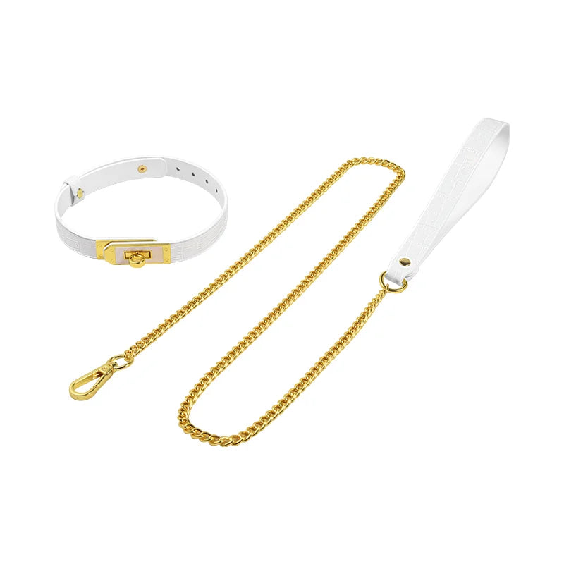 White genuine leather collar with gold buckle and matching tether full view