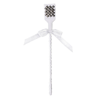 Front view of white studded ribbon riding crop showing full 17.3-inch length