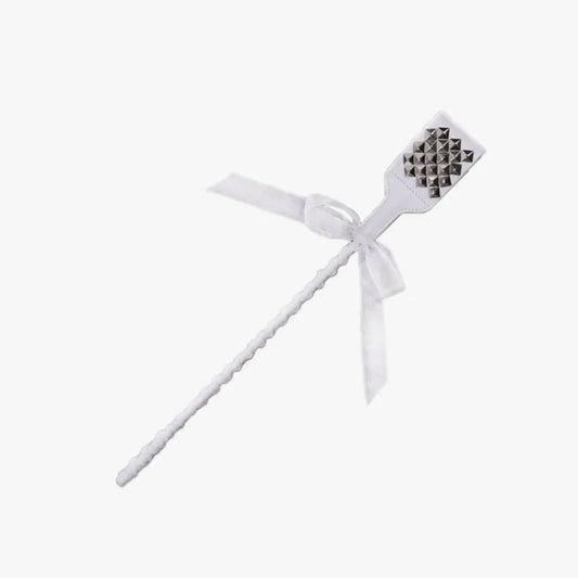 White studded ribbon riding crop full view with metal stud head and ribbon handle