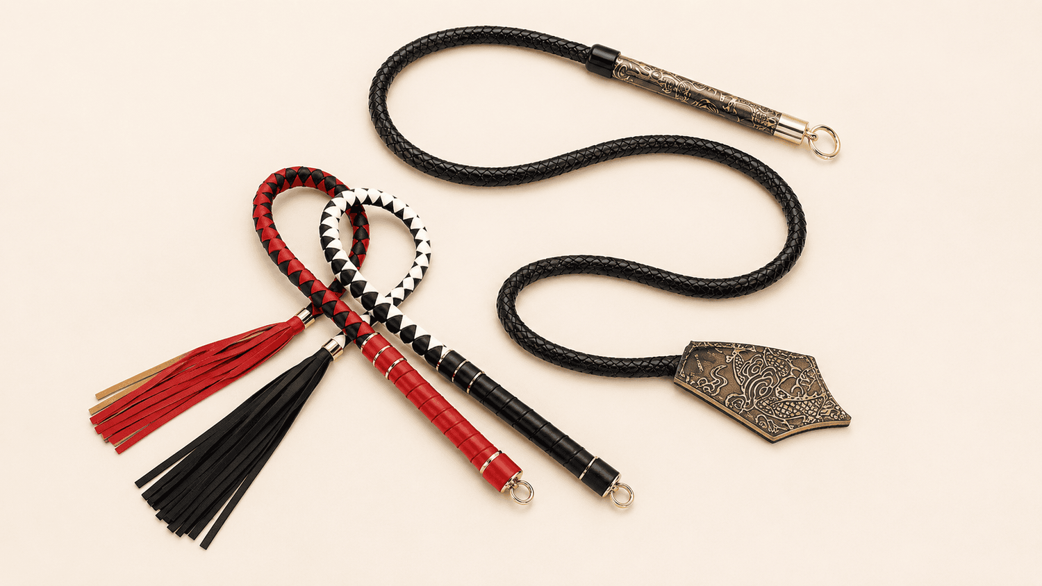 Bullwhips with braided leather body, tapered structure, and responsive flex.