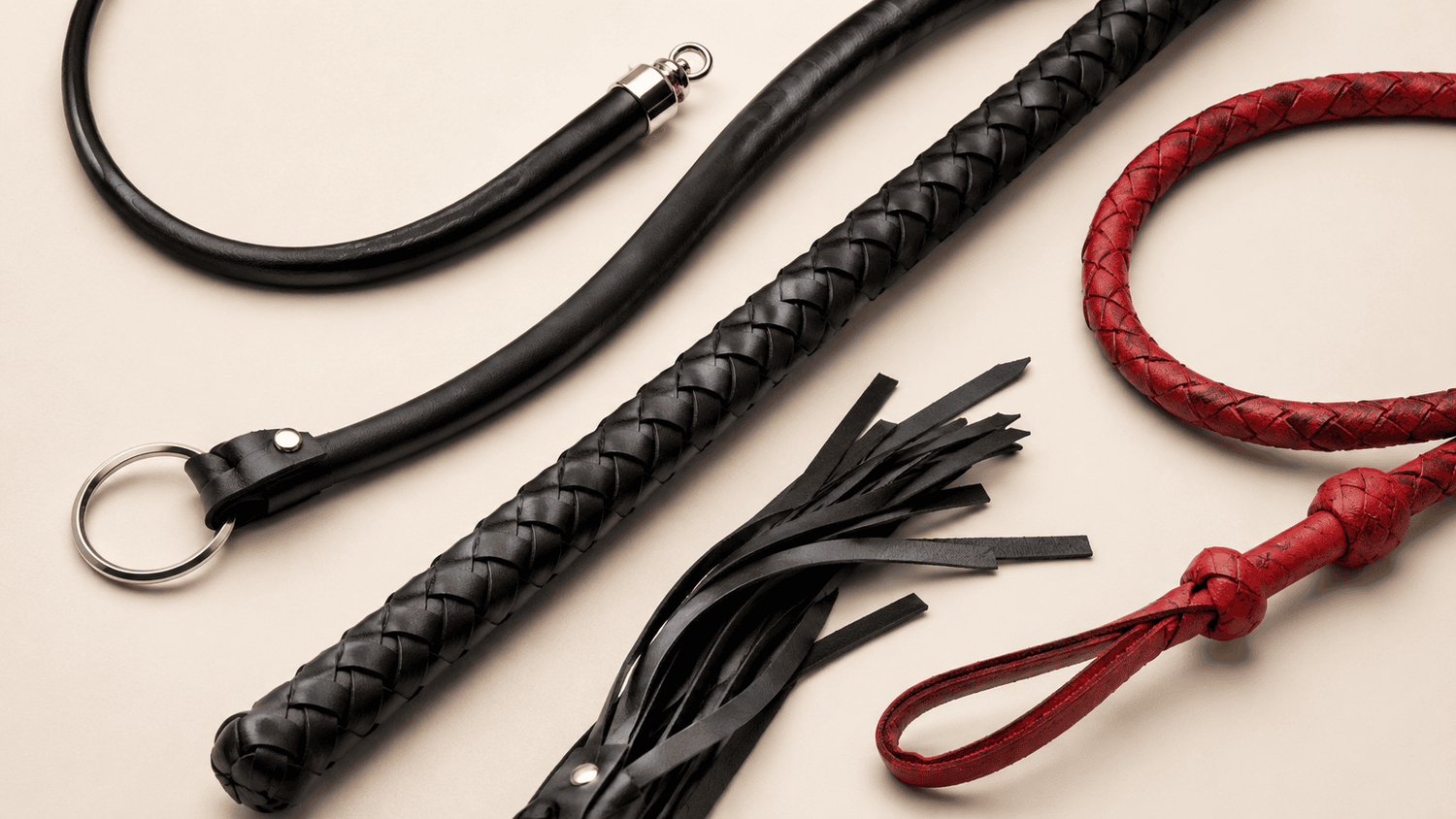 Leather whips with braided build, durable structure, and responsive flex.