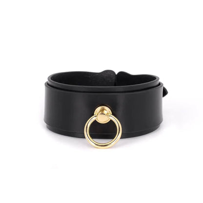 Breites Leder BDSM Halsband mit Leine — Hohes Vollnarbenleder Dominantes Halsband