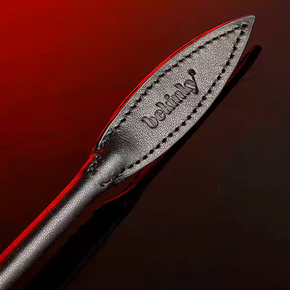 close-up of tapered willow-leaf leather whip tip for precise striking
