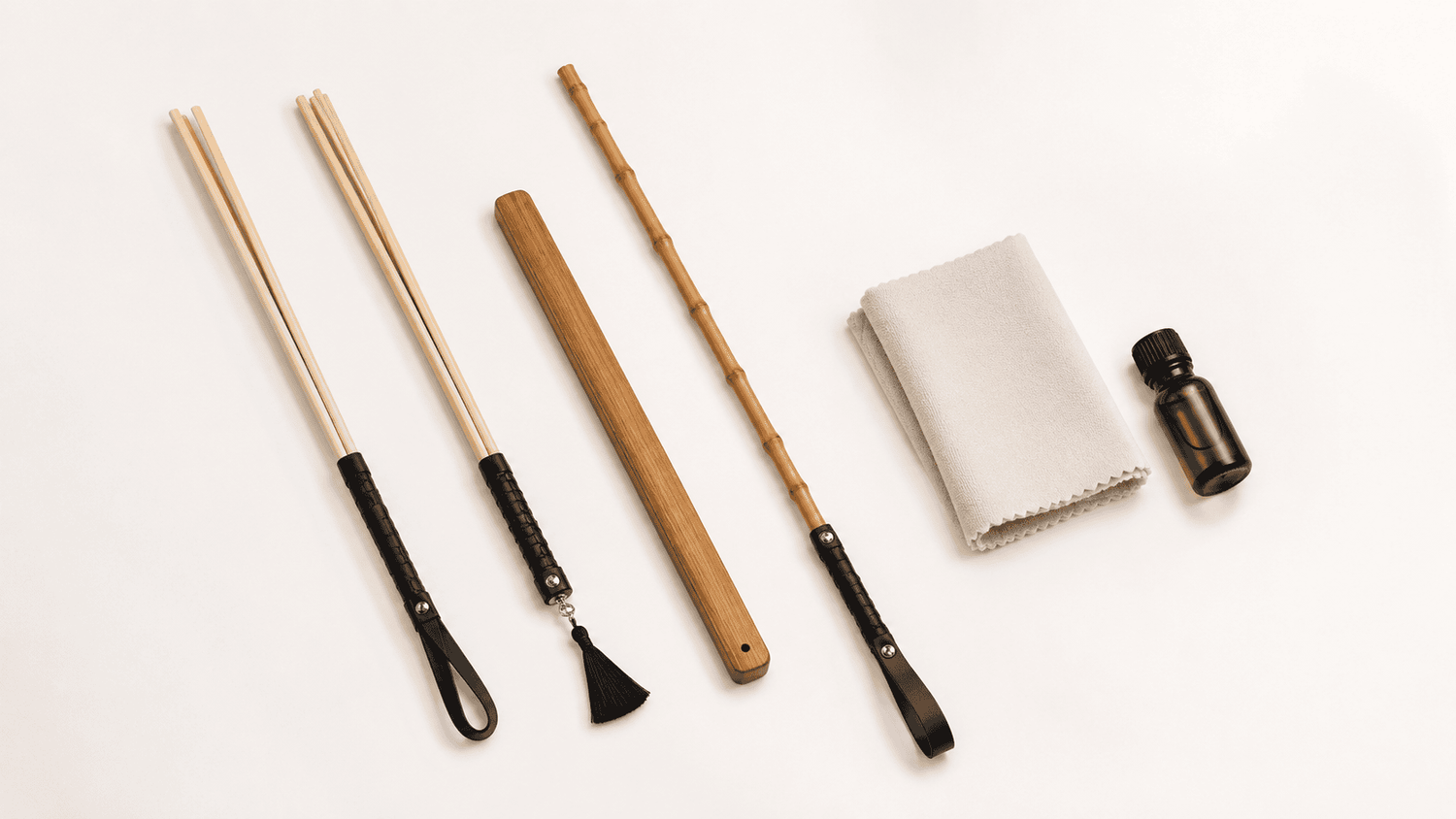 Wooden canes care setup with surface cleaning and dry flat storage